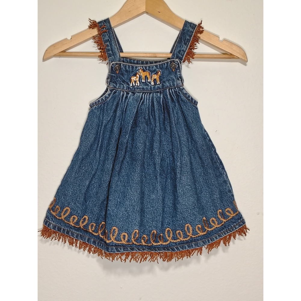 Vintage Style Denim Horse Embroidery Fringe Pinafore Dress Girls 4T Blue Cotton